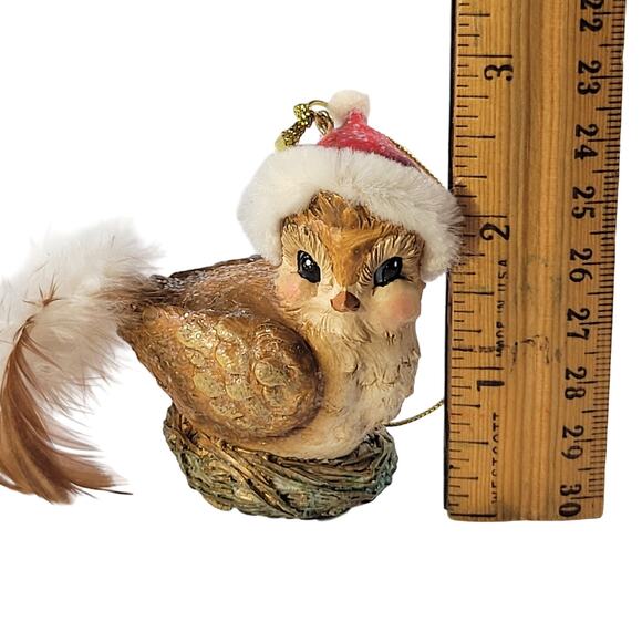 Vintage Christmas Bird Ornament with Santa Hat and Feather Tail - 3" Tall - Picture 4 of 9